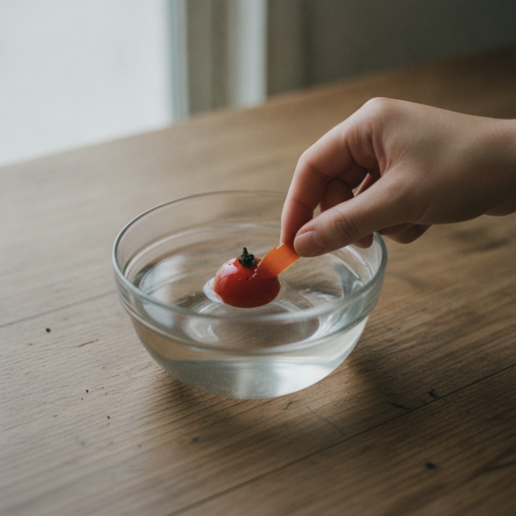 湯むきしたミニトマトの皮を冷水の中でむく様子