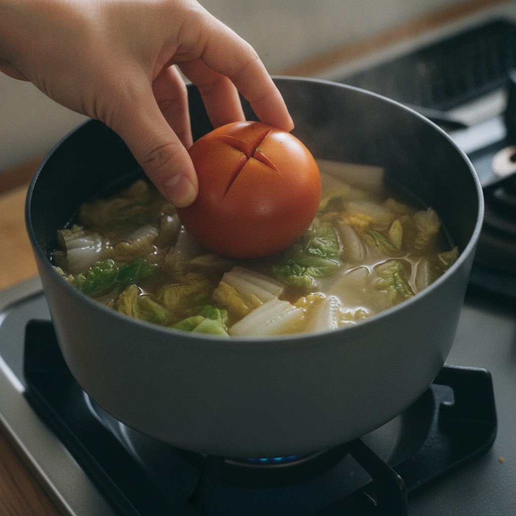 切り込みを入れたトマトを鍋の煮込み料理に丸ごと加える様子