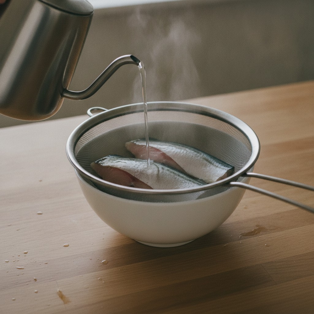 ぶりの切り身に熱湯をかける霜降りの様子