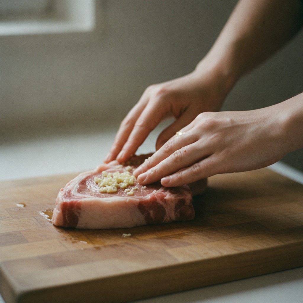 ラム肉ににんにくとオリーブオイルをもみ込む様子