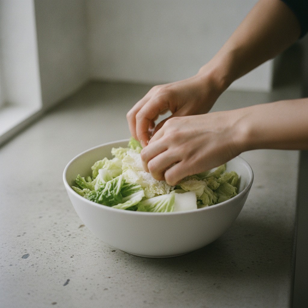 白菜に塩をまぶしてもみ込む様子