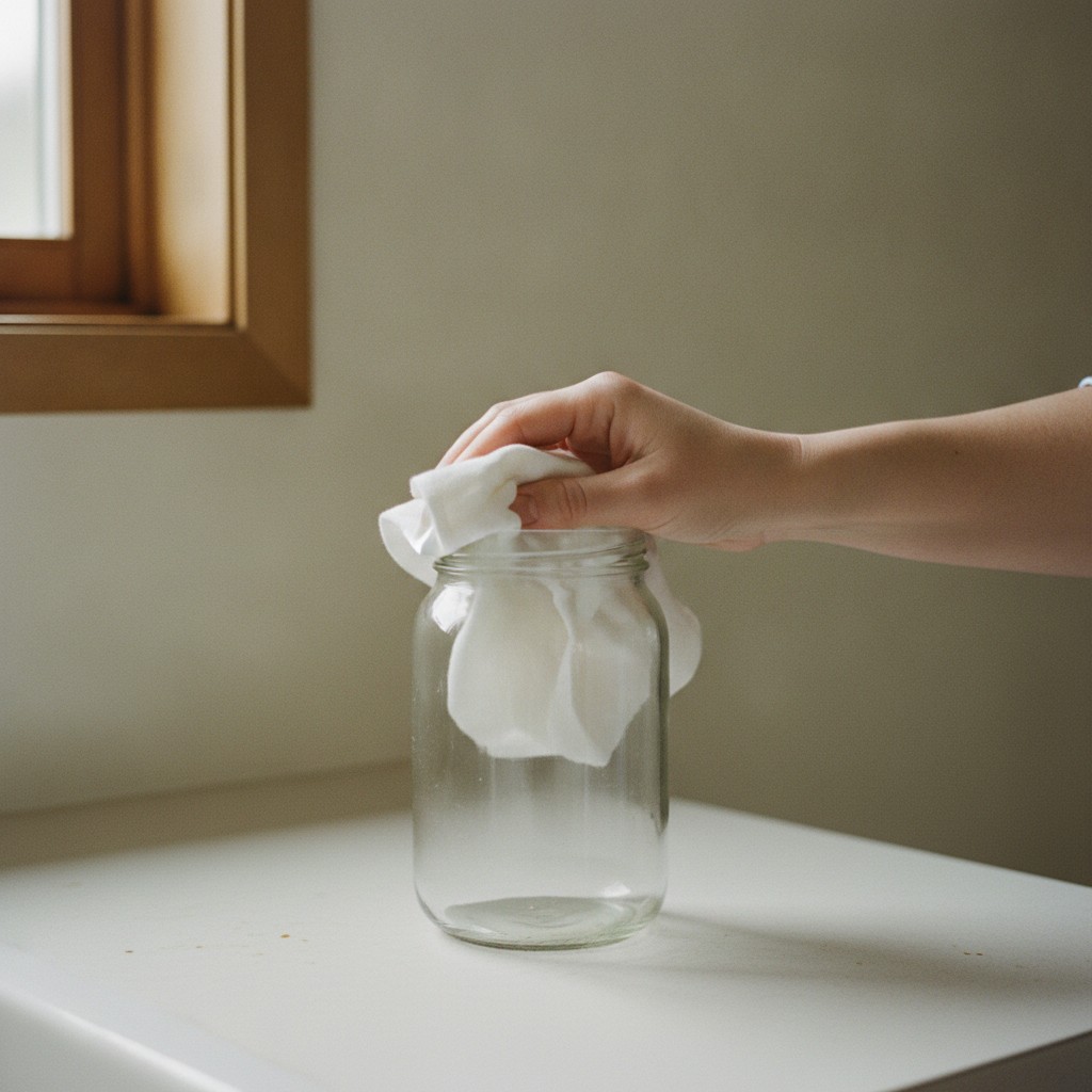 梅干しの保存容器の水気を布で拭き取る様子