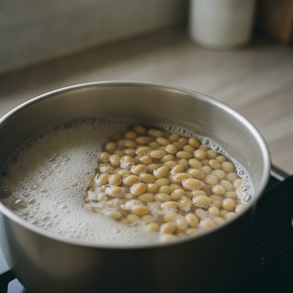 大豆を鍋で茹でている様子