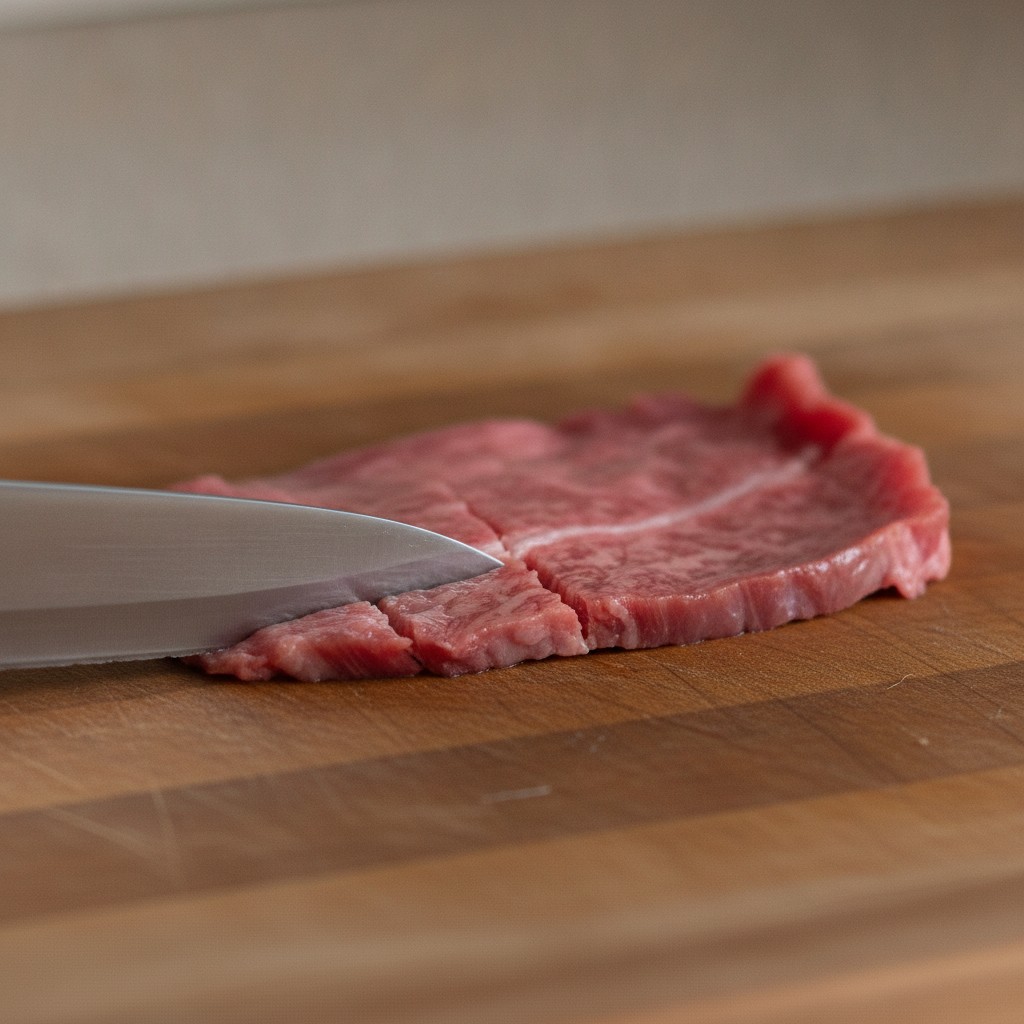 牛肉の筋に包丁で切り込みを入れる様子
