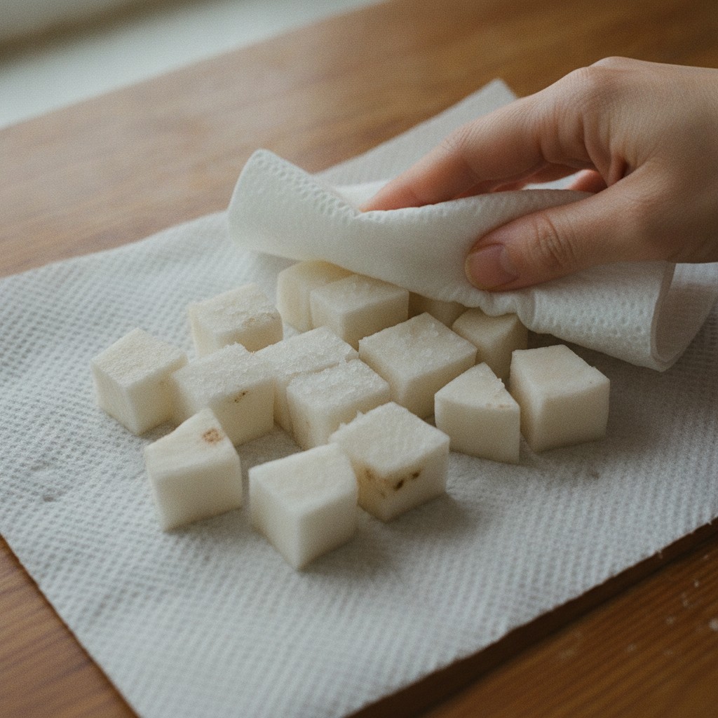 塩をふった大根の角切りからキッチンペーパーで水気を取る様子