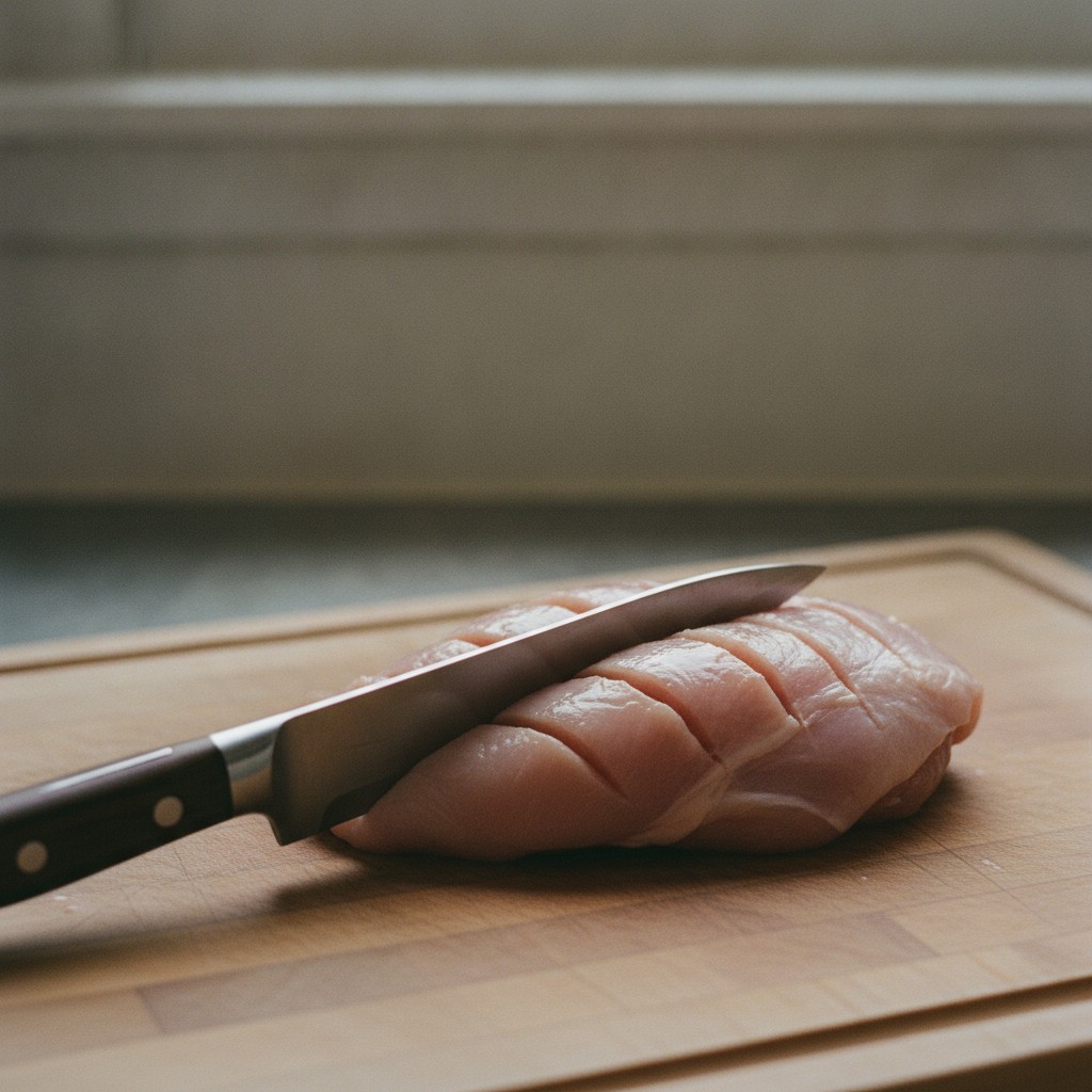 鶏もも肉の厚い部分に浅い切り込みを入れる様子