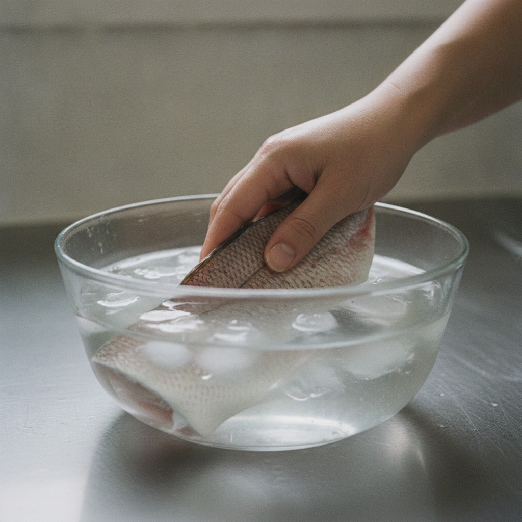 氷水につけたたいの表面を指先でやさしくこする様子