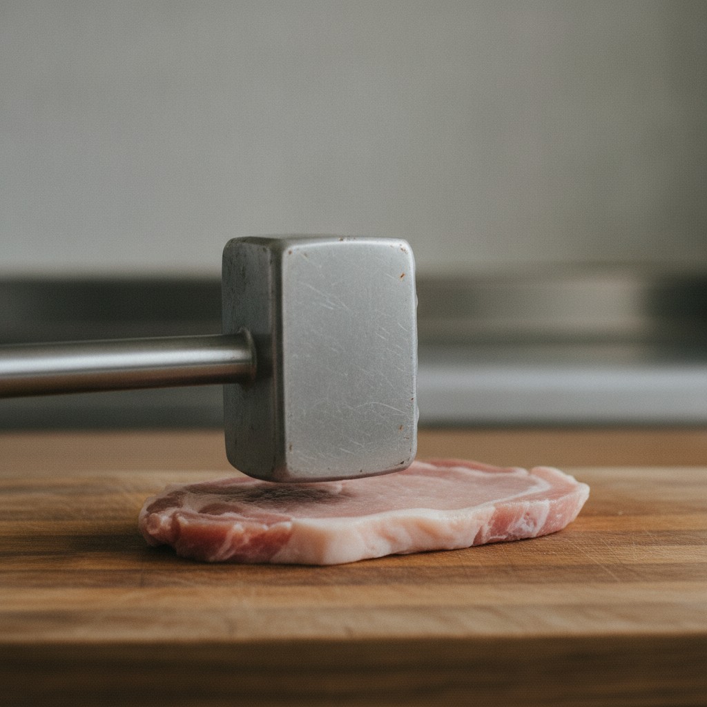 肉たたきで豚ロース肉を軽く叩く様子