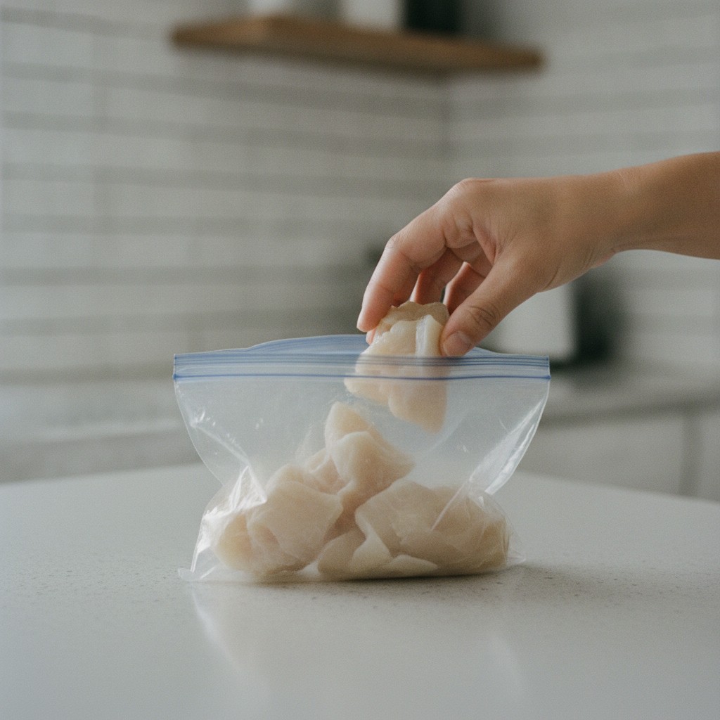保存袋に牛すじ肉を小分けにして入れる様子