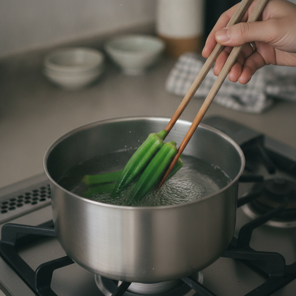 塩をまぶしたオクラを熱湯でゆでる様子