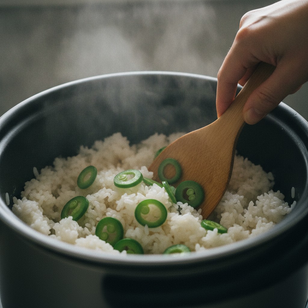炊きあがったご飯に混ぜるスナップエンドウ