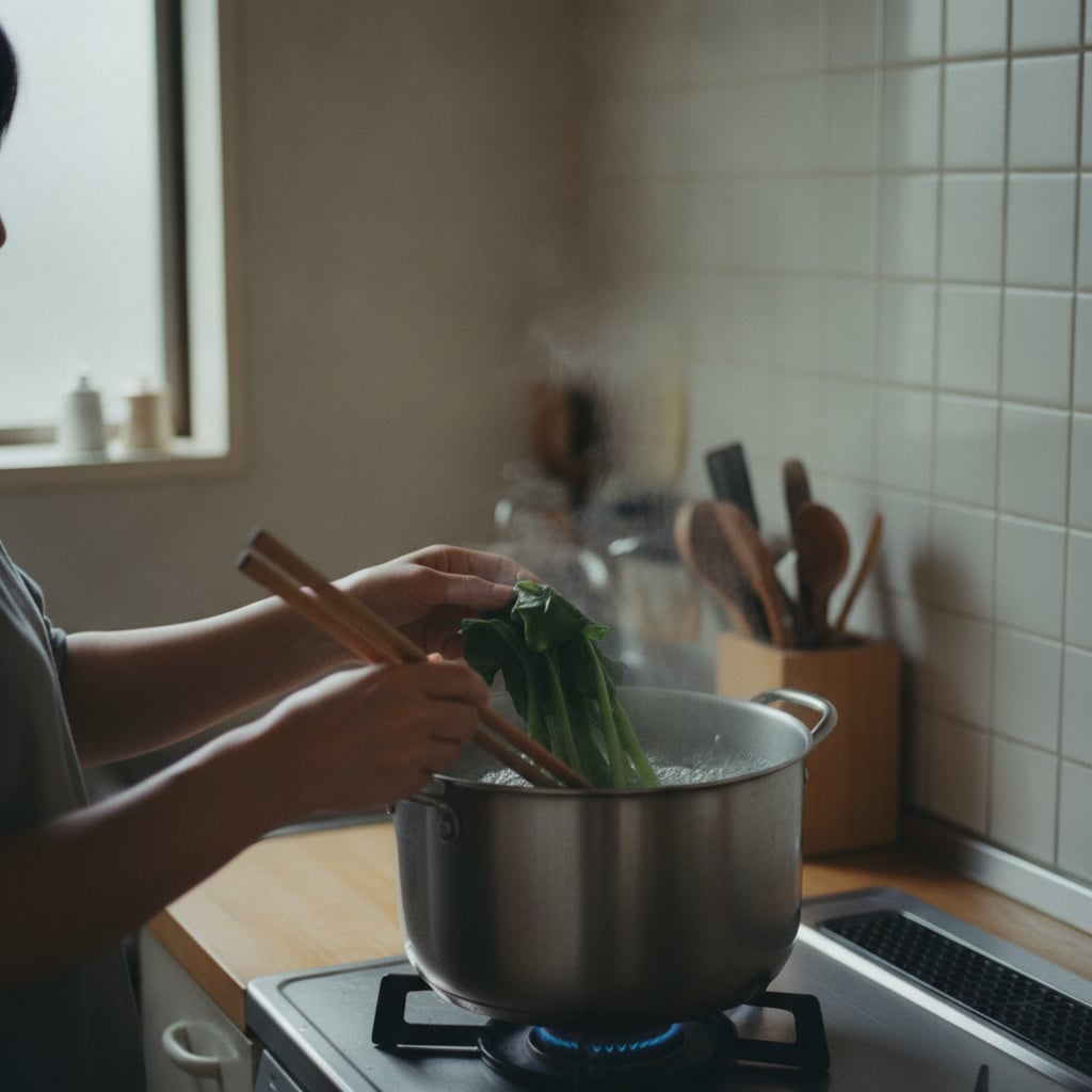 鍋の熱湯に大和まなを菜箸で入れているところ