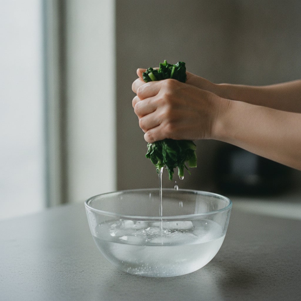氷水につけた大和まなを両手で絞っているところ