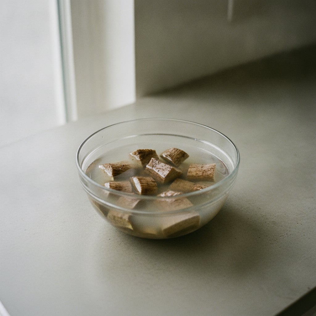 酢水にさらしているごぼうの乱切り