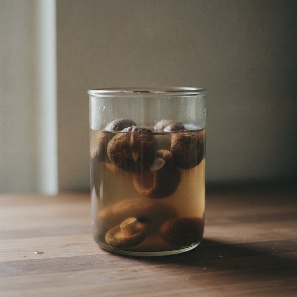 干し椎茸を水に浸す様子