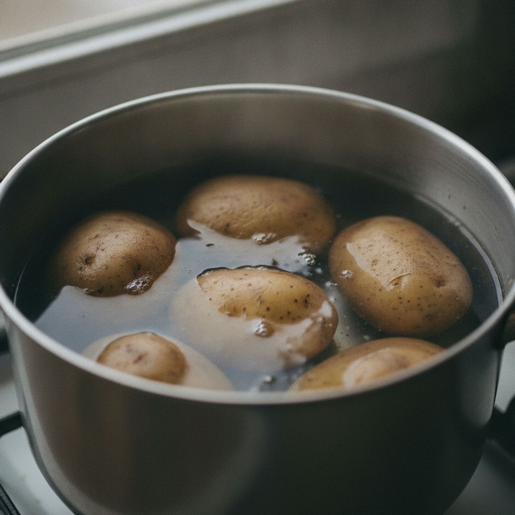 鍋でじゃがいもを水から茹でている様子