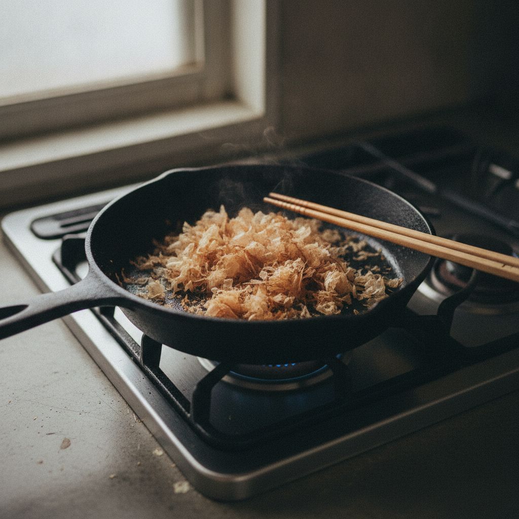 だしがらを鍋で乾煎りする様子