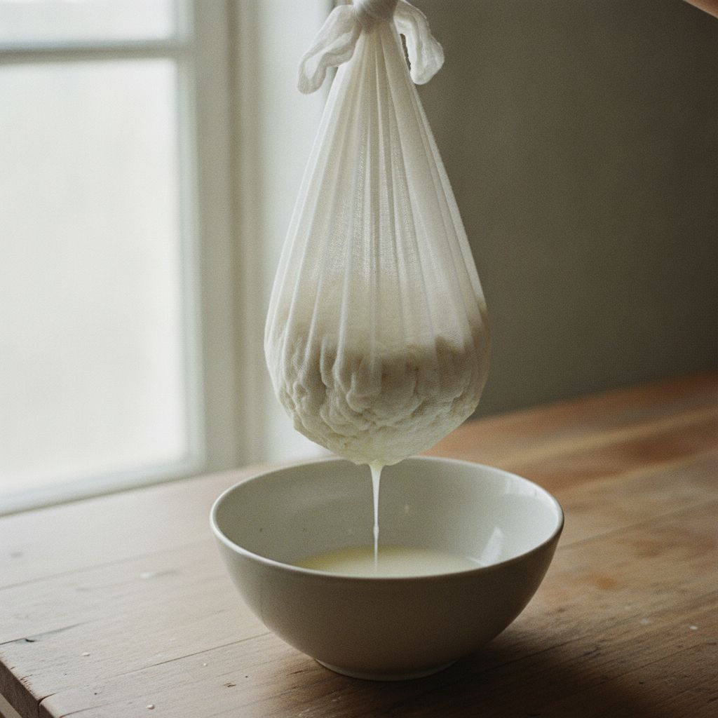 布で豆乳の固まりを水切りする様子