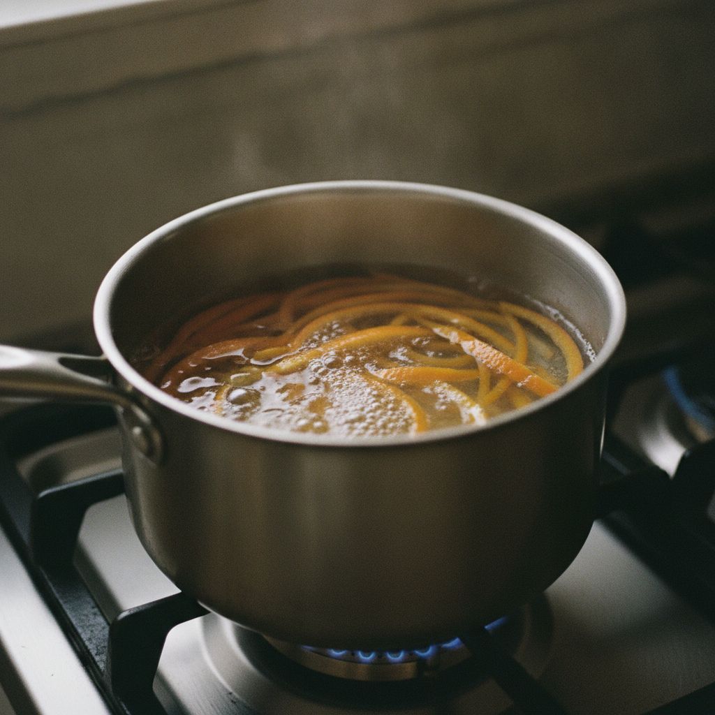 オレンジの皮を鍋で茹でる様子