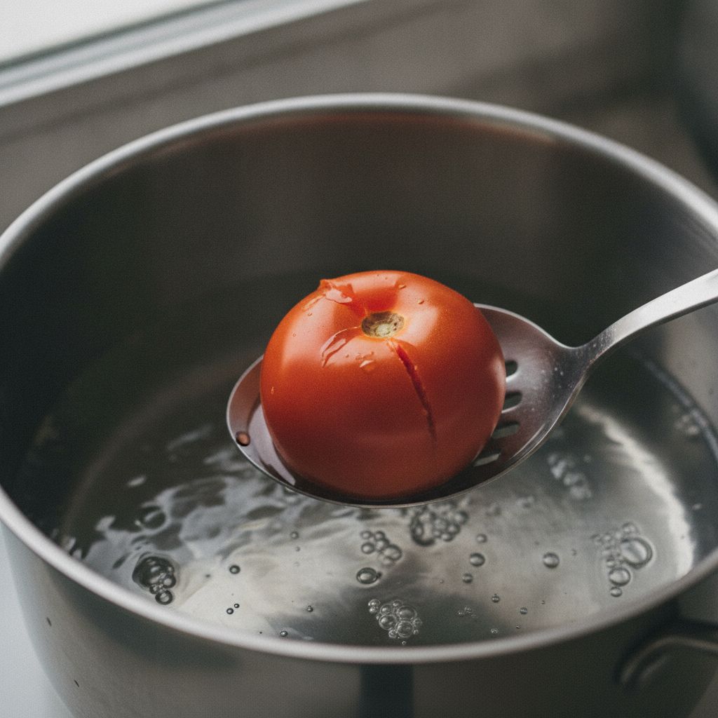 トマトを熱湯にくぐらせる様子