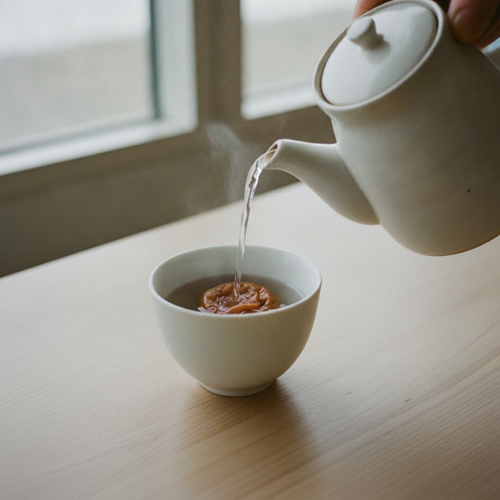 梅干しに湯を注ぐ様子