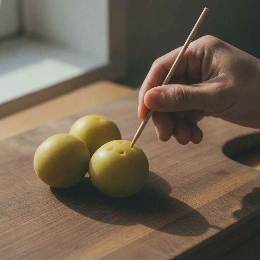 梅に竹串で穴をあける様子