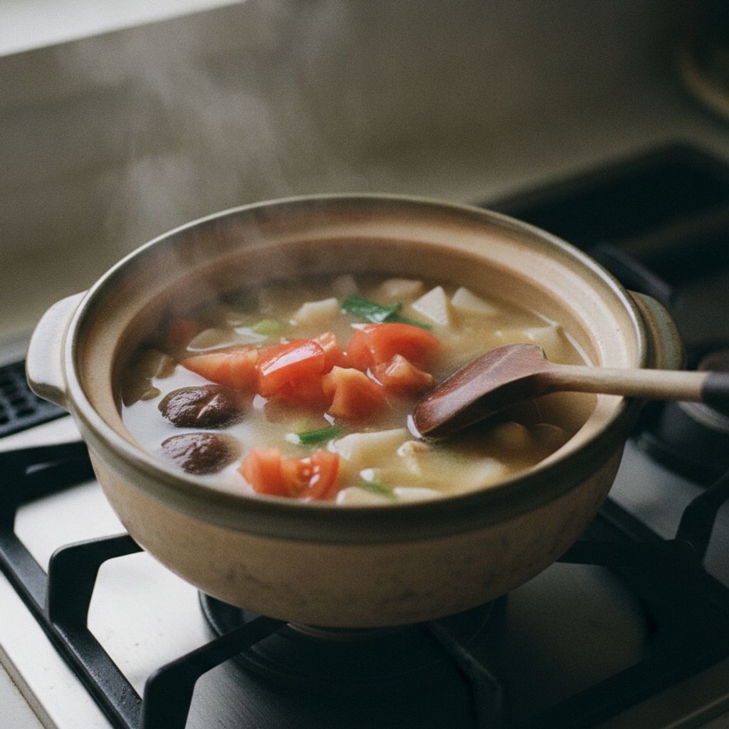 味噌汁にトマトを加えている様子