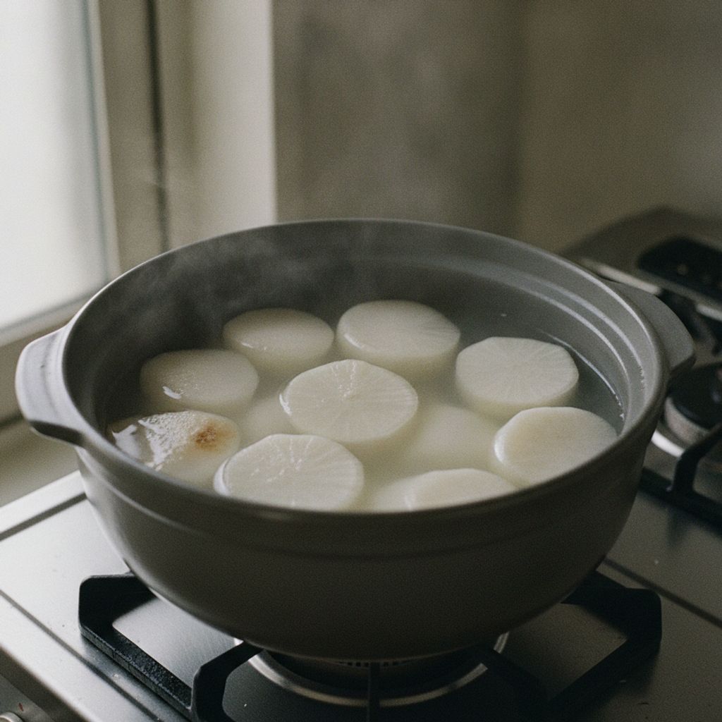 鍋で大根を下ゆでしている様子