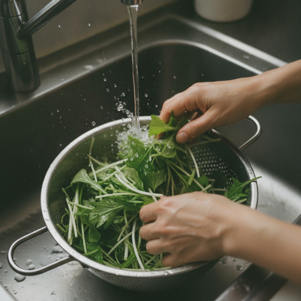 ざるで水菜を流水で洗う様子