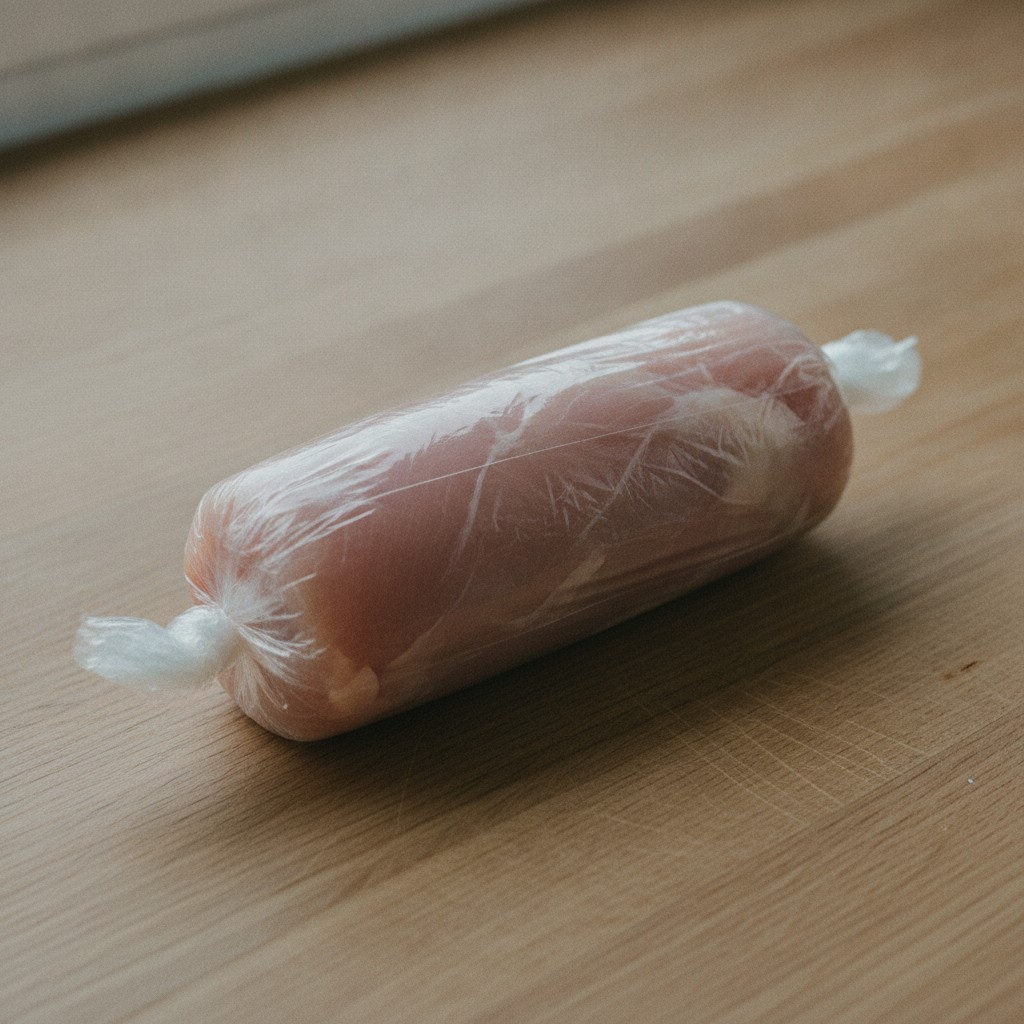 ラップで筒状に巻かれた鶏むね肉