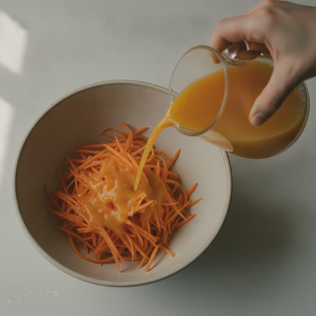 オレンジ果汁をかけているにんじんのせん切り