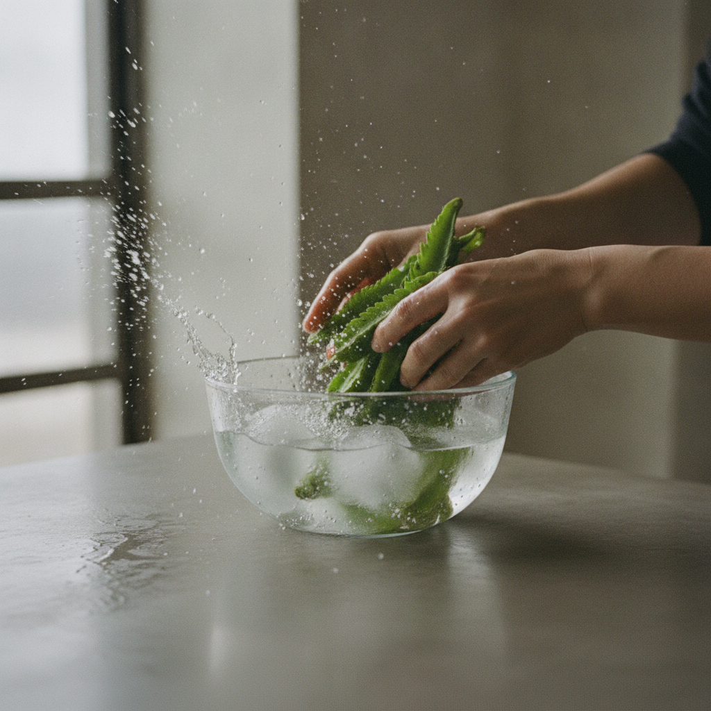 茹でた四角豆を氷水にとる様子