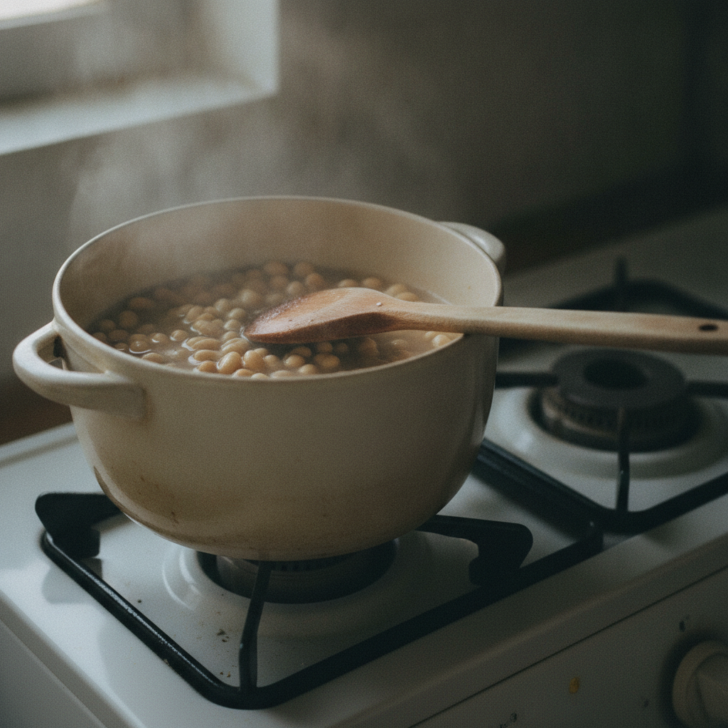 大豆を鍋で茹でる様子