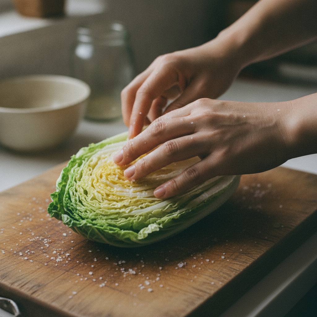 白菜に塩をまぶす様子