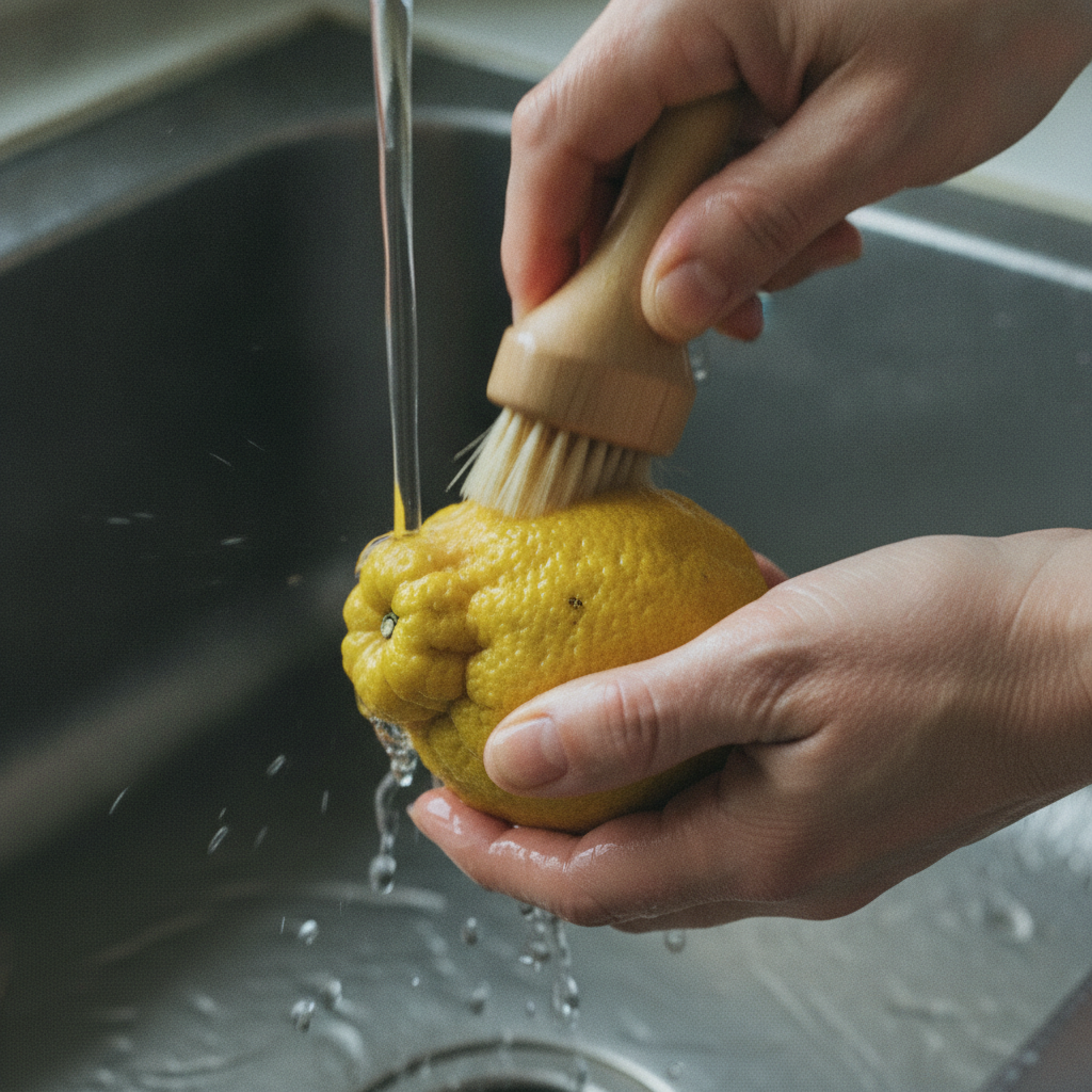 ゆずを洗って水気を拭く