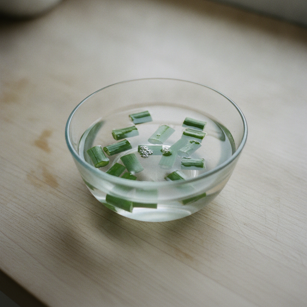 ざく切りにした葉にんにくを冷水にさらしている様子