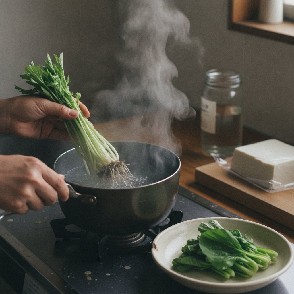春菊の茎を先に鍋に入れて茹でている様子