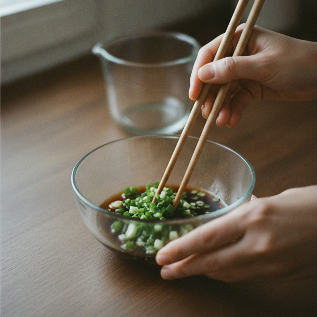 刻んだ青ネギを調味料と混ぜている様子