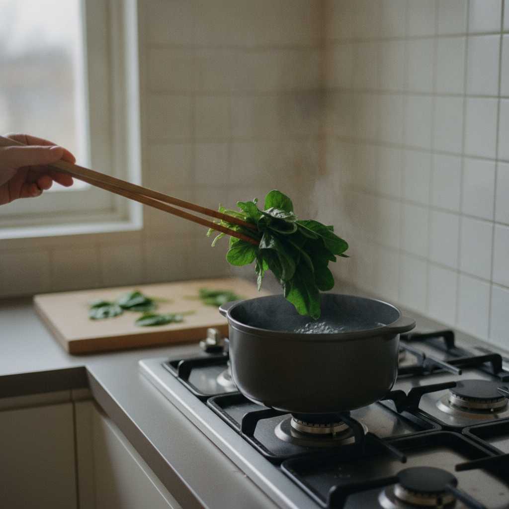 山ほうれん草を鍋で下茹でしている様子