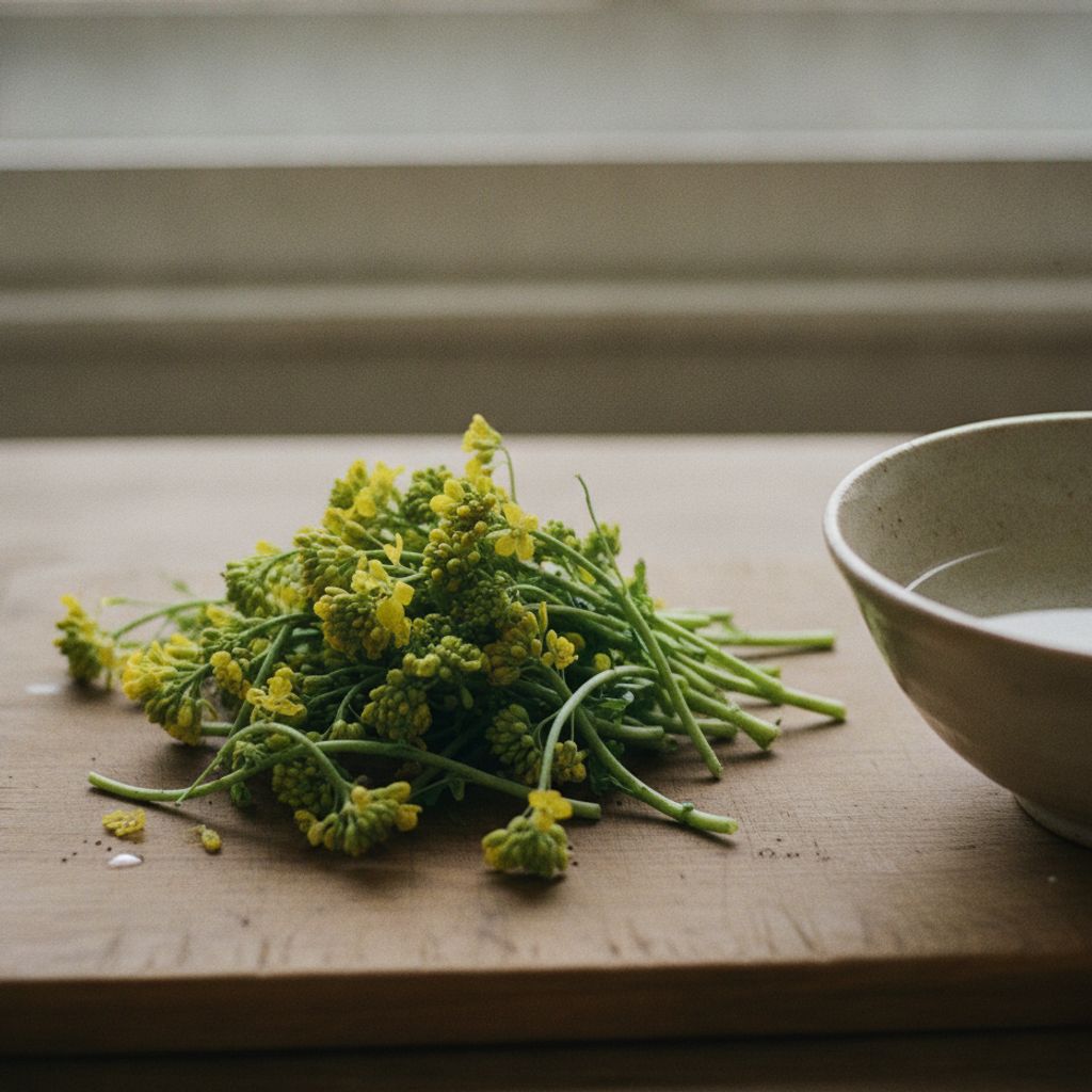 まな板に置かれた蕾菜（つぼみ菜）の束