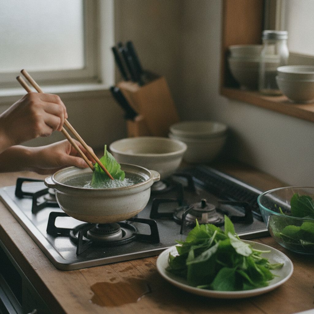 金時草の葉を湯にくぐらせている様子