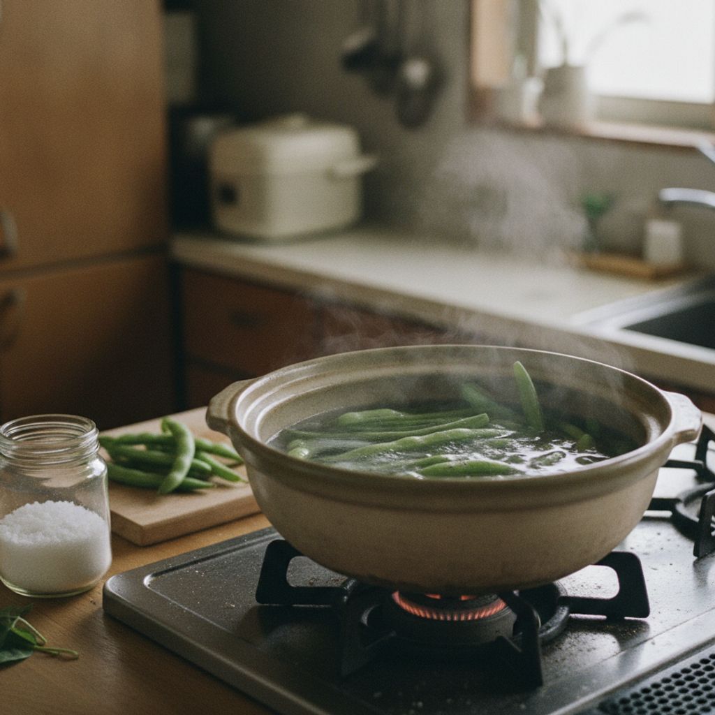 いんげんを熱湯でゆでている様子