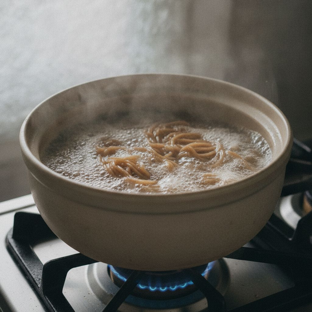 玄米麺を鍋で茹でている様子