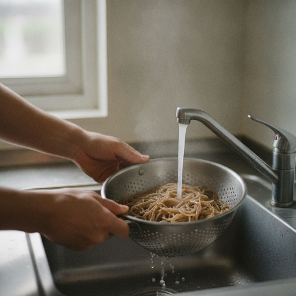 茹でた玄米麺を流水で洗っている様子