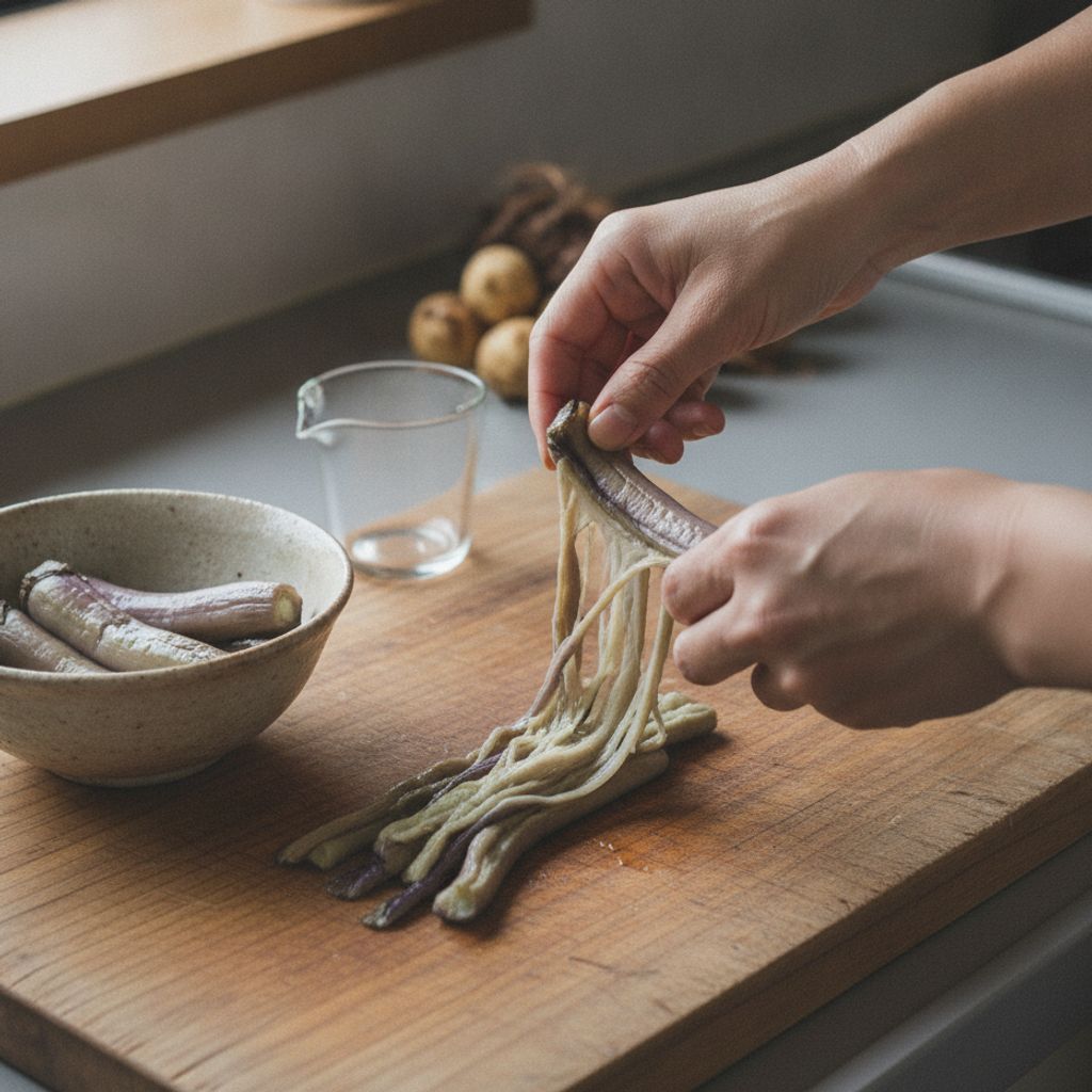 ゆでたそうめんなすを手で繊維に沿って裂いている様子