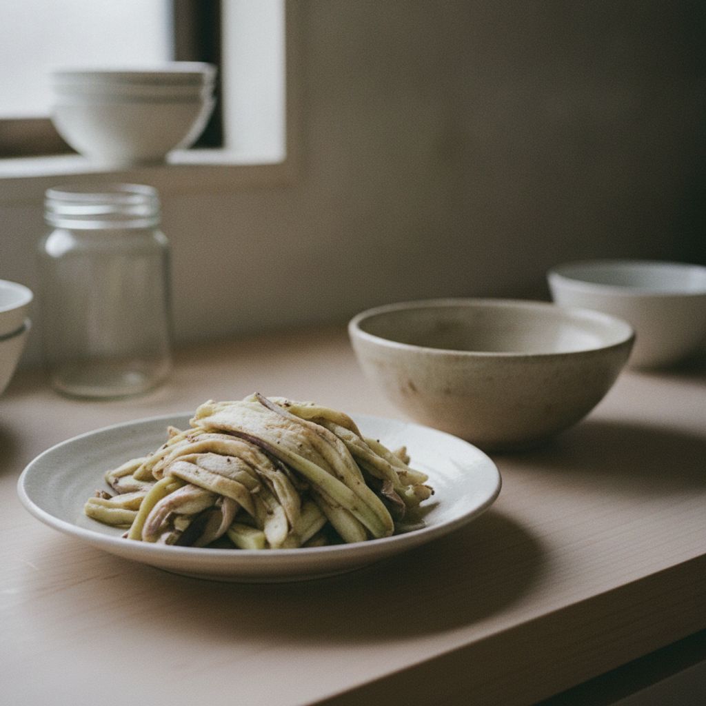 繊維に沿って裂かれたそうめんなすが皿に盛られている様子