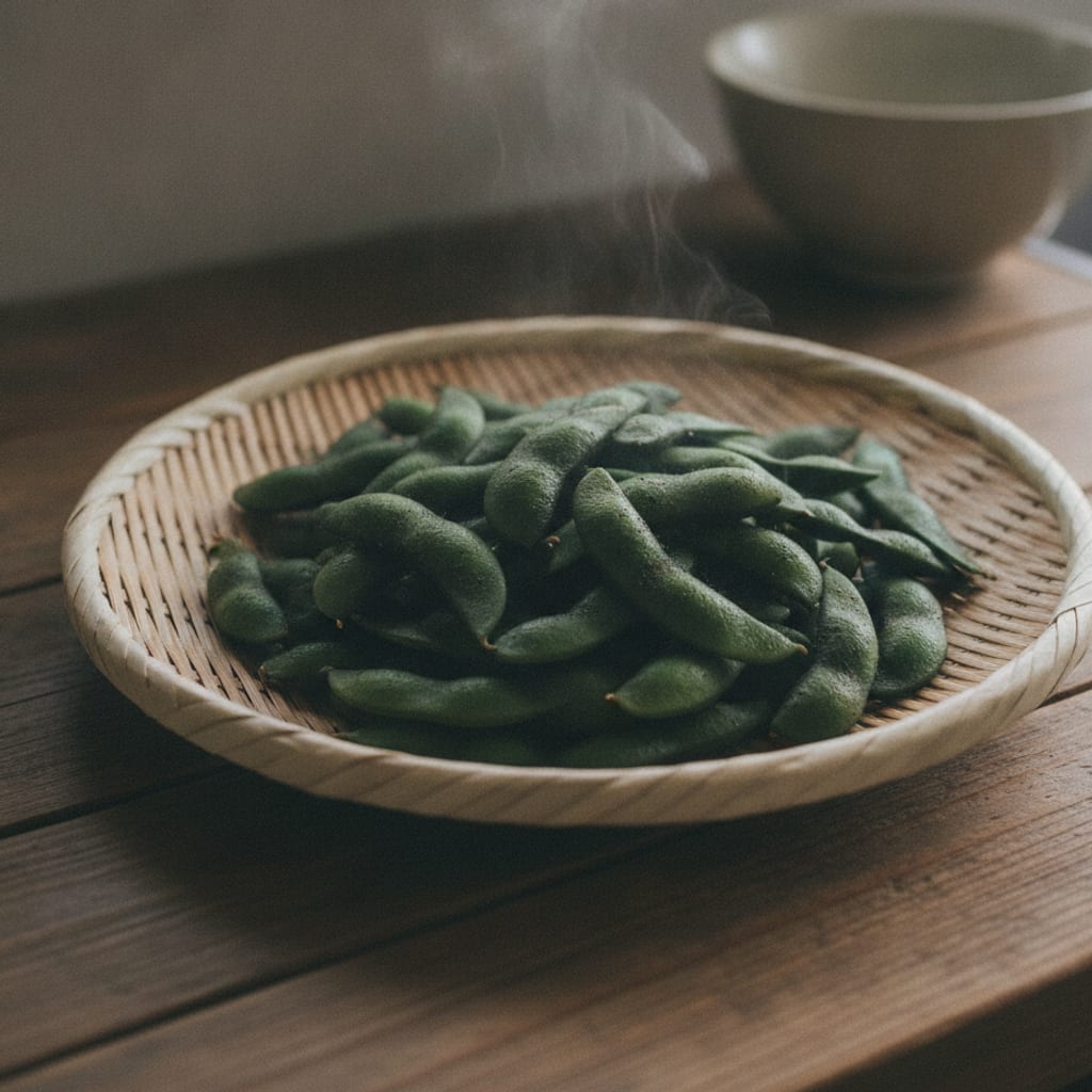 ザルに上げて冷ましている茹でたての黒枝豆