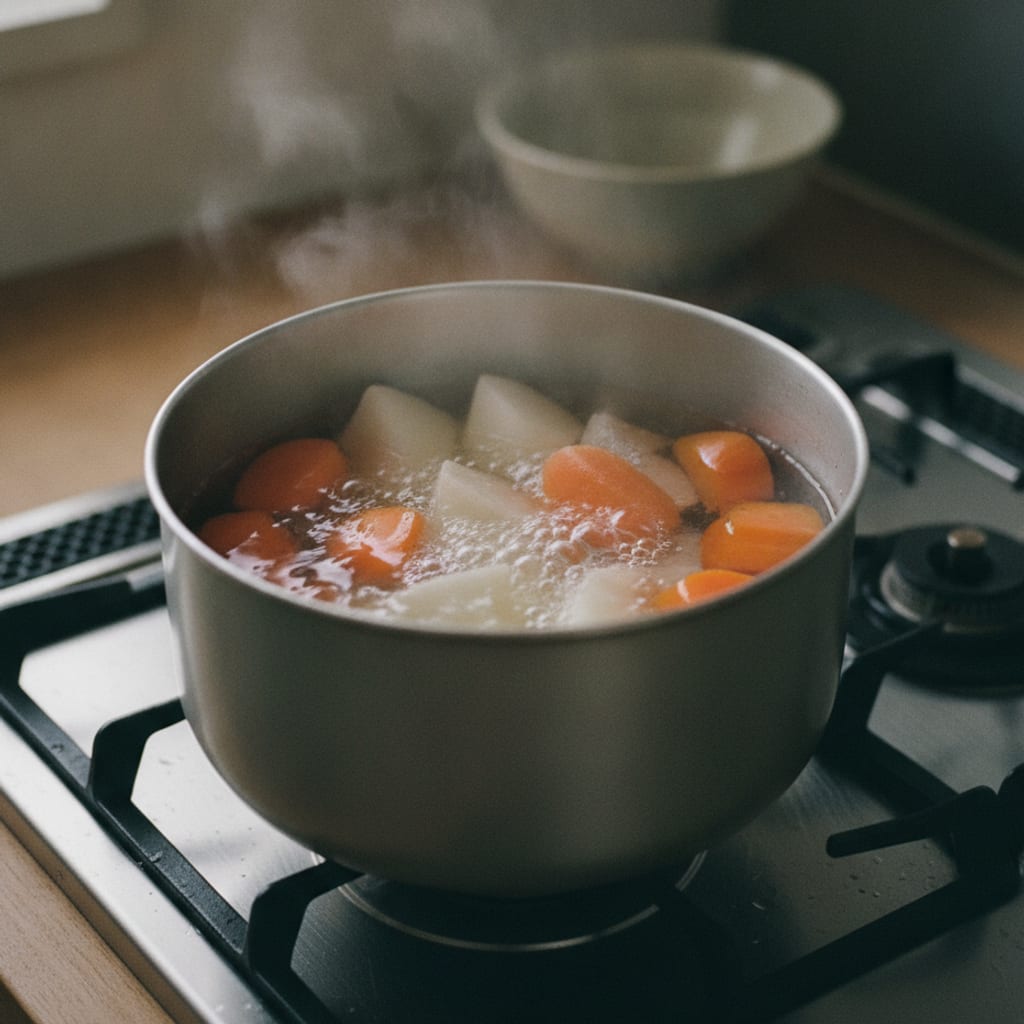 鍋で下ゆでされているにんじんと大根