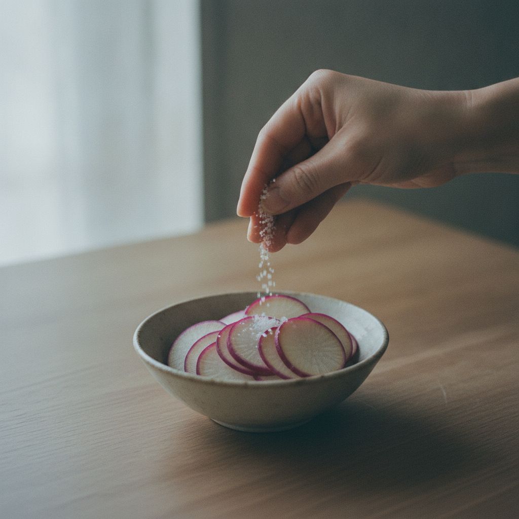 薄切りにしたあやめ雪かぶを塩もみする様子