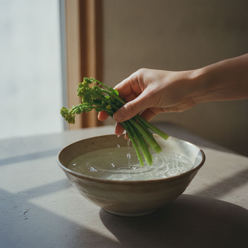 ゆでた菜の花を冷水にとる様子